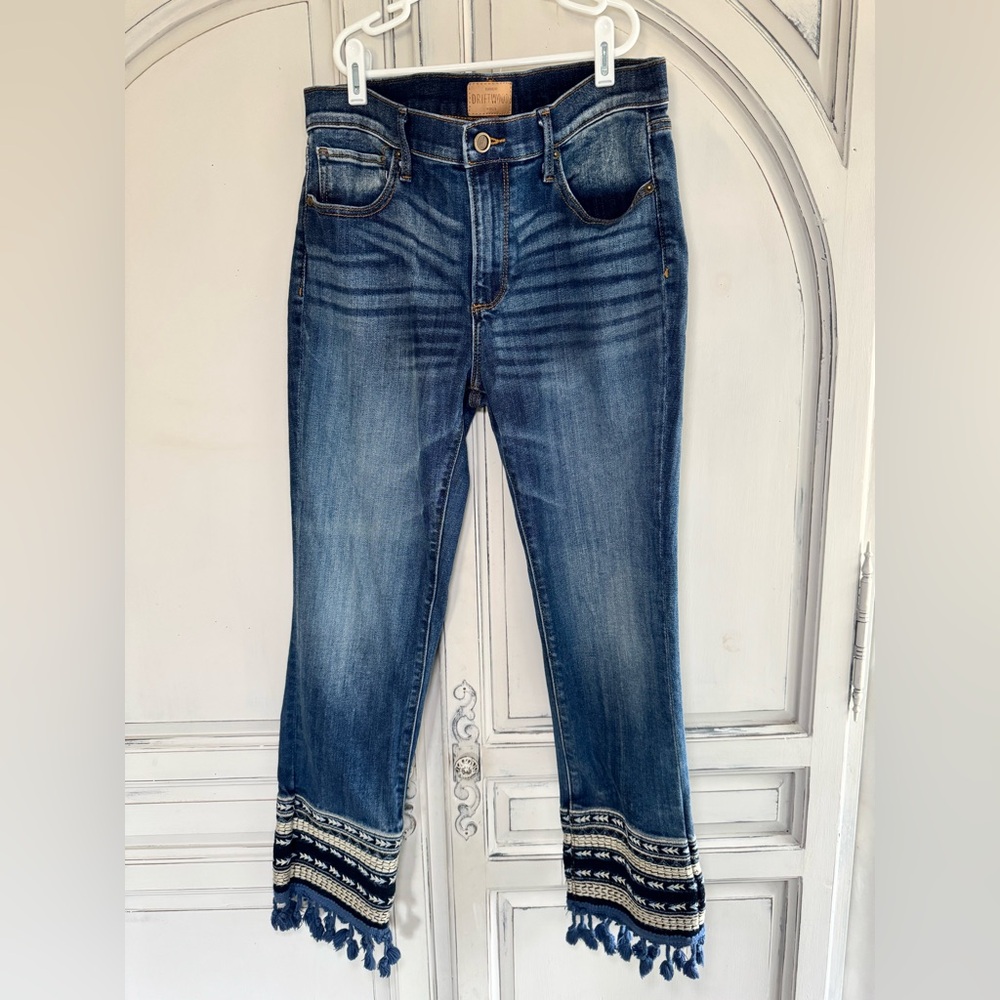 DRIFTWOOD Women’s Blue Cropped Jeans with Embroidery and Tassel Detail, Sz 30